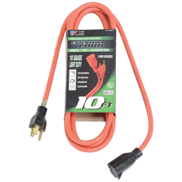 U.S. Wire & Cable SJTW Extension Cord, 16 AWG, Indoor/Outdoor, 16/3, 1 Outlets, 5-15R, Orange, Vinyl, 5-15P, 10 ft 60010*****##* - main